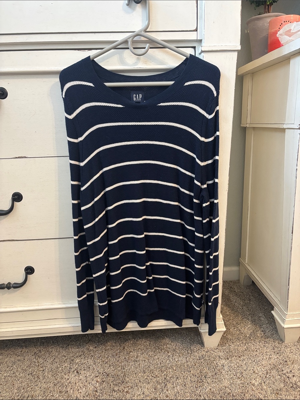 GAP Navy and White Striped Crewneck Sweater